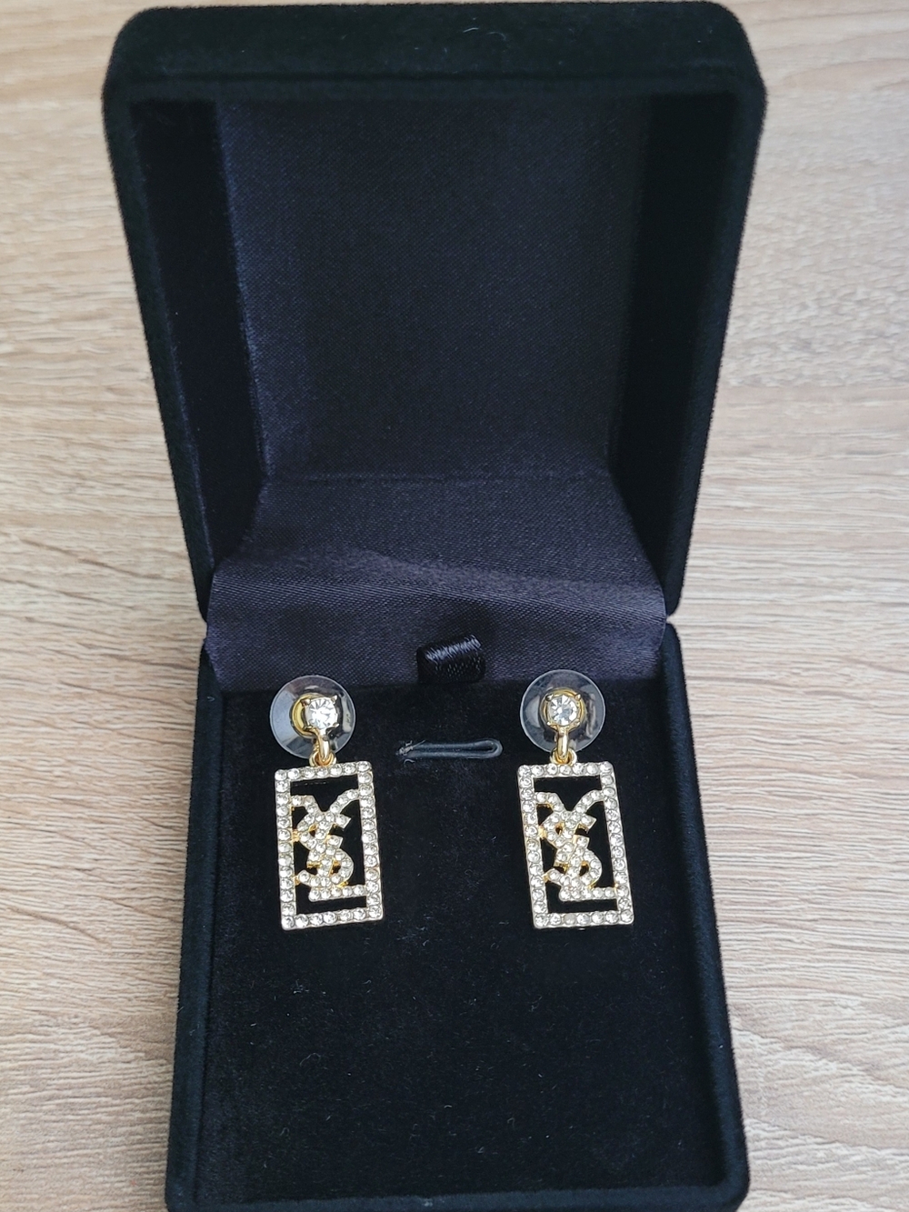 Gold Crystal Drop Earrings - Rectangular Pavé Design
